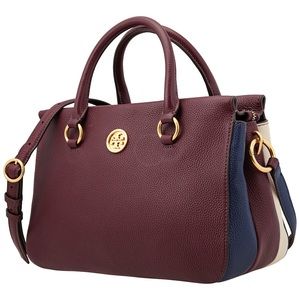 Tory Burch Logo Plaque Imperial Garnet Royal Navy Leather Shoulder Hand Bag NWT